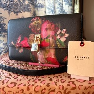 Ted Baker Black Floral Lock-Front Crossbody with Gold Chain